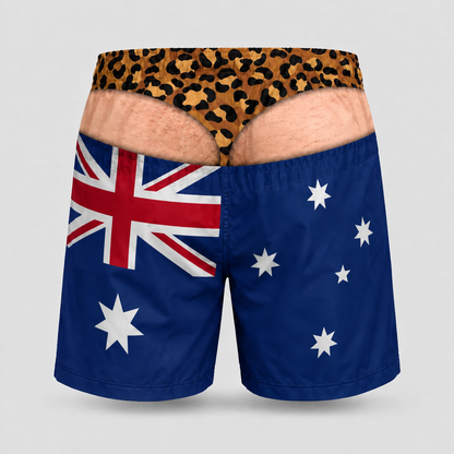 Back view of the Rear Admiral swim shorts: the Australian flag printed across the seat, with a photo-realistic bare backside and leopard-print briefs printed above the waistband.