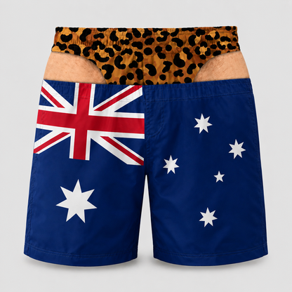 Front view of the Rear Admiral swim shorts: the Australian flag printed across the front, with leopard-print briefs printed above the waistband.